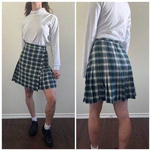 Vintage 80s Plaid Skirt, 1980s Green White Pleated Mini Skirt